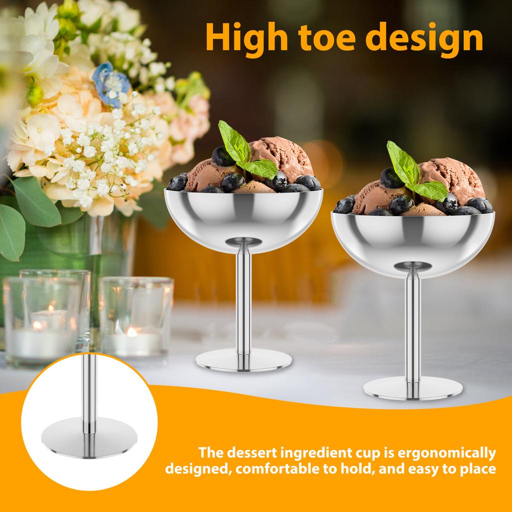 2Pcs Ice Cream Cups Salad Bowl Stainless Steel Bowl Dessert Fruit Plate Snack Dish Reusable Dessert Cup High Footed Pudding Cup