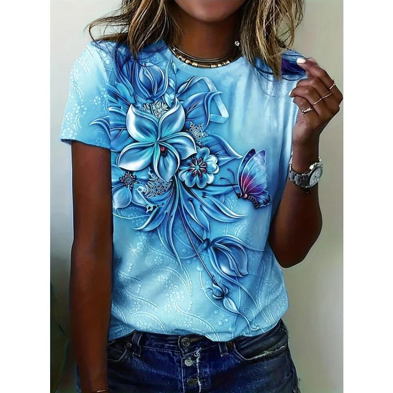 Women's T-shirt 3D Floral Print Short Sleeved T-shirt for Summer