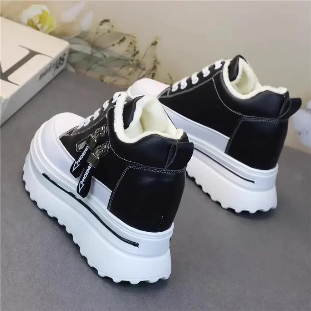 Fashion 9cm Fashion Cashmere Warm Lace-up Small White Shoes Increase Round Head Casual Winter Large Size Muffin Women's Cotton Shoes