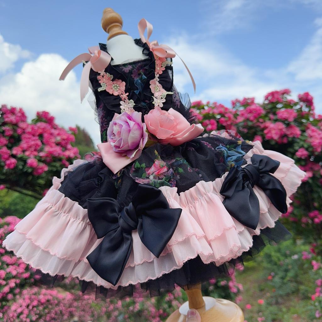 Luxury High-end Black Pink Roseflower Pet Dog Clothes Handmade Long Tail Princess Dress For Small Medium Dog Photography Skirts