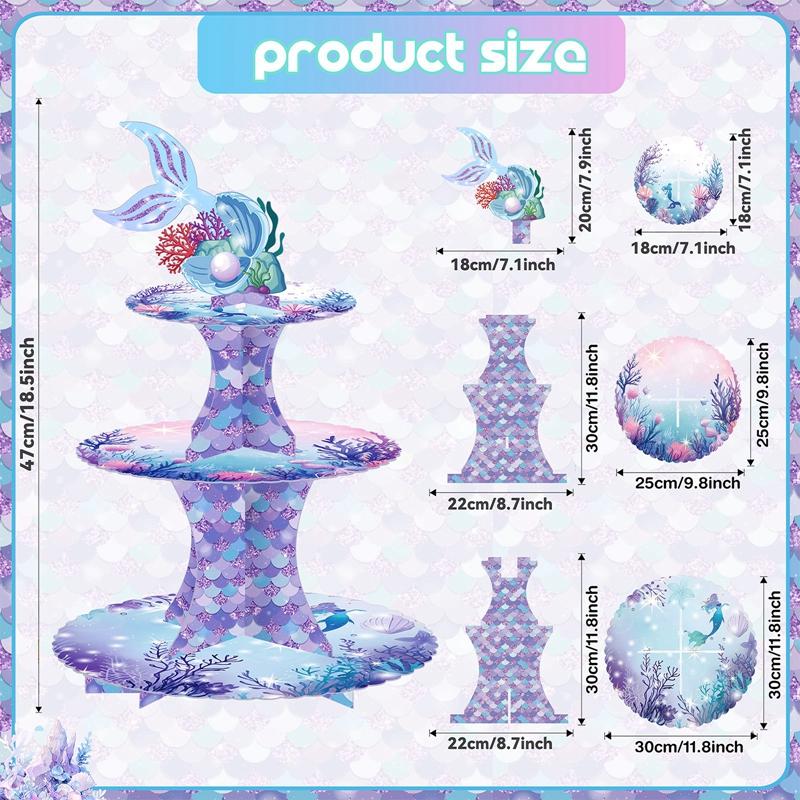 

3-слойная подставка для кексов, украшения для вечеринок, подставка для торта в стиле русалки, обертки, топперы, очки для вечеринок, противень для печенья на день рождения, свадьбу фиолетовый