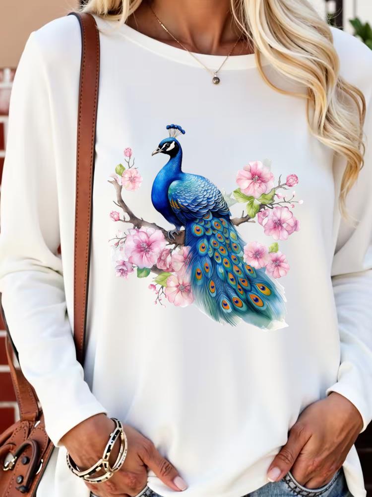 (Asian Size) sweet flower lovely Long Sleeve T Shirt Tee Lady Printed o-neck Women Female Clothing Casual Fashion Top Graphic T-shirts