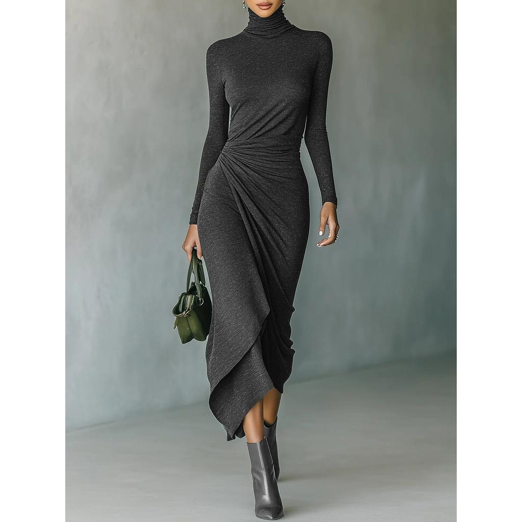 Damen Rollkragen Langarm Raffung Asymmetrisch Midi Kleid Schlanke Passform Elegant Wickel Bodycon Kleid