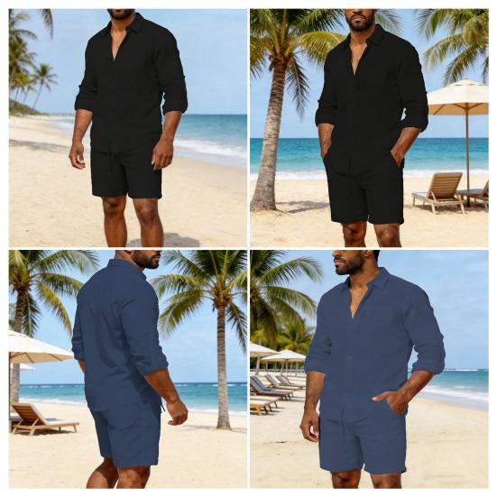 2 st/set Damtoppar och Shorts Set Lapel Långärmad Enkelknäppt Skjorttoppar Elastiska Mellanhöga Shorts Set Casual Tvådelat Set Strandkläder