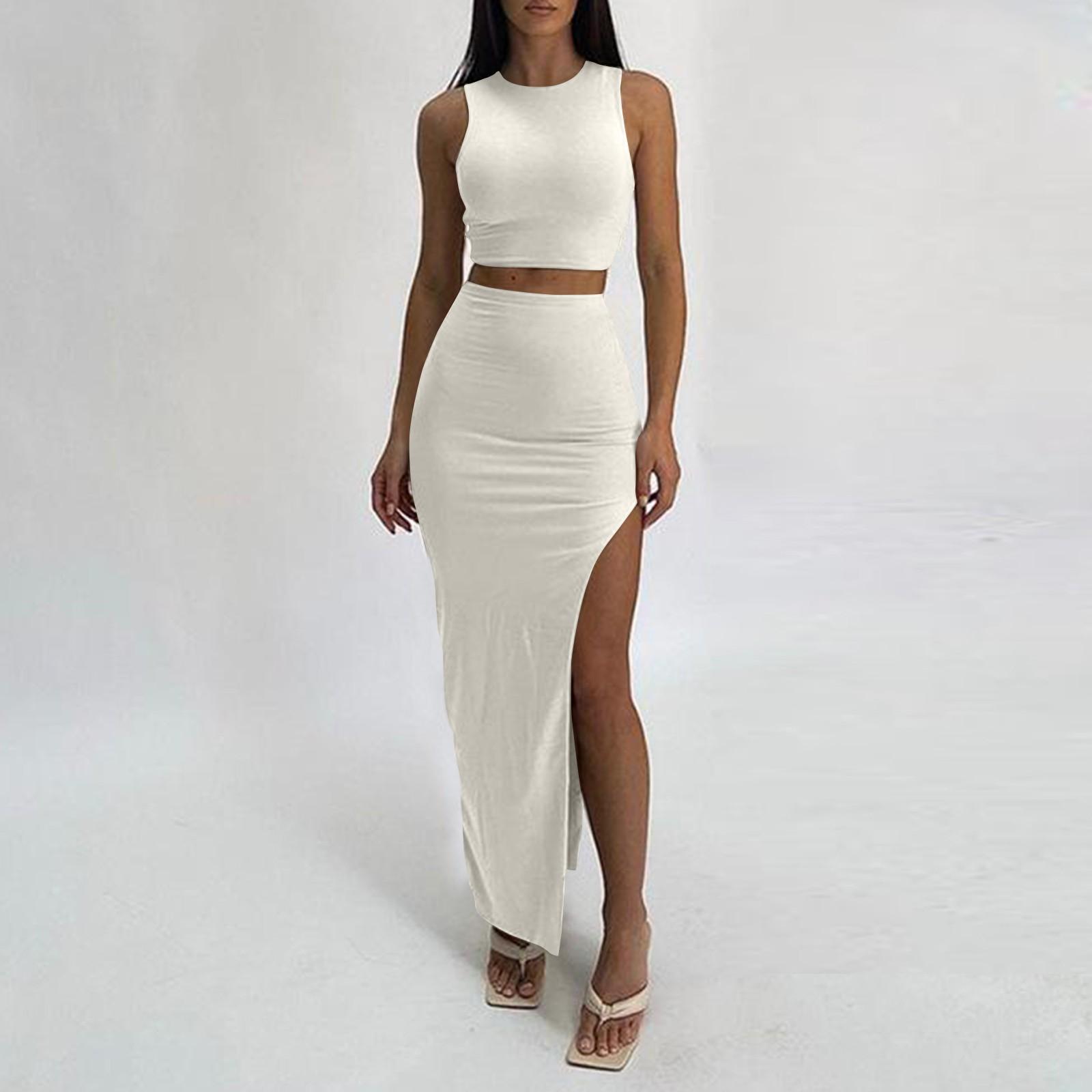 

Летняя длинная юбка, круглый вырез, однотонный разрез, сексуальный костюм с юбкой, облегающий бедра L белый