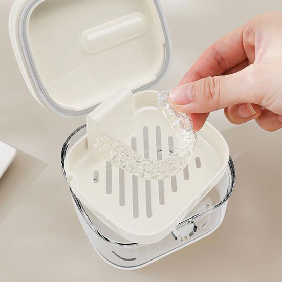 Retainer Case Transparent Denture Bath Box with Strainer Basket Mouth Guard Case Travel Braces Container for Soaking Cleaning Storage