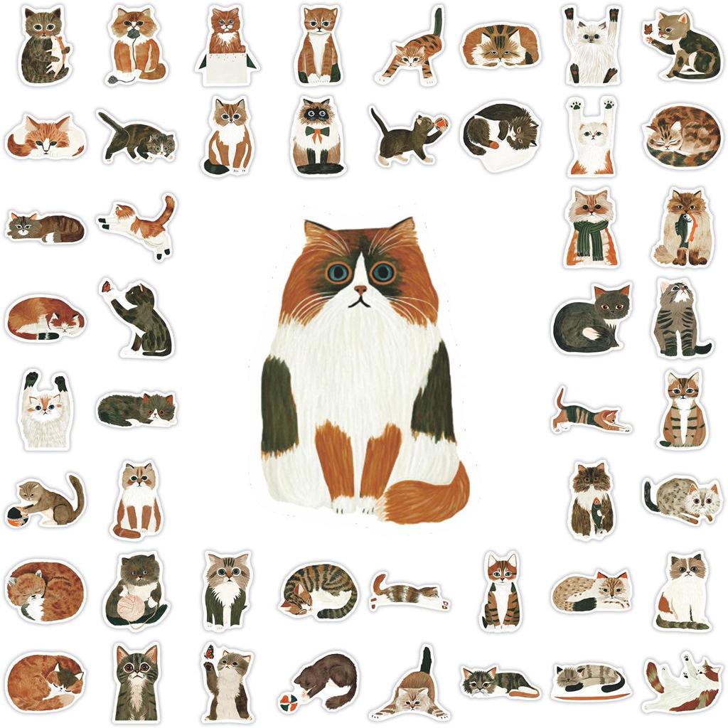 64 Artistic Hand-painted Cat Stickers: Healing Cute Journal, Notebook Decoration, Cultural Creative Design