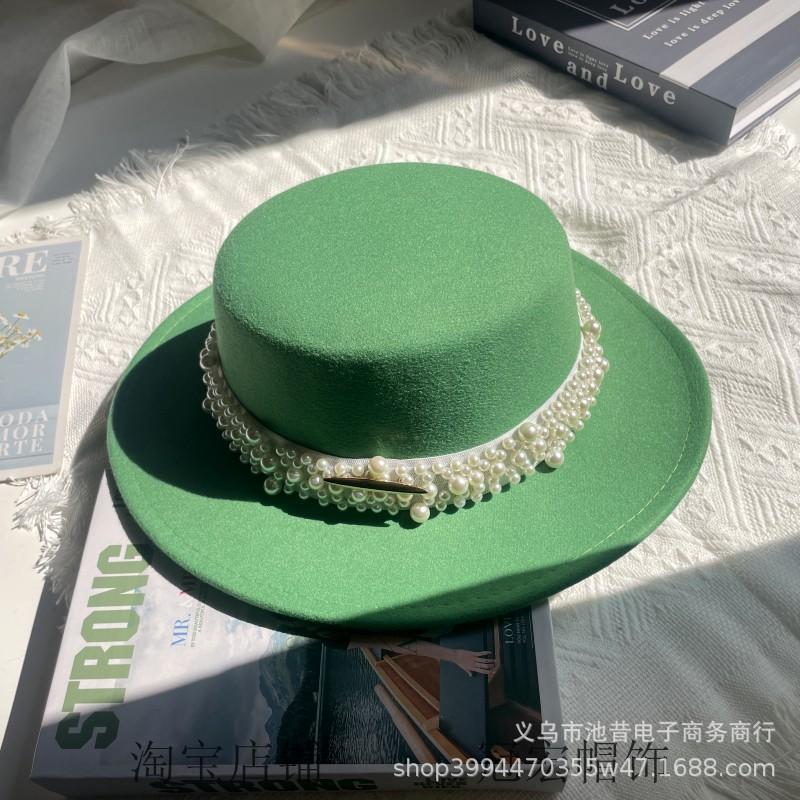 White Pearl Flat Top Woolen Top Hat Female Autumn and Winter British Retro Socialite Elegant French Wide Brim