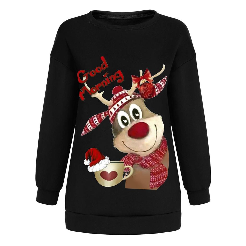 Women's Fashion Casual Christmas Print Round Neck Sweater Loose Sports Tops Pullover