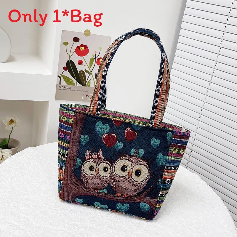Cartoon Elephant Owl Canvas Handbag With Embroidery For Daily Casual Use