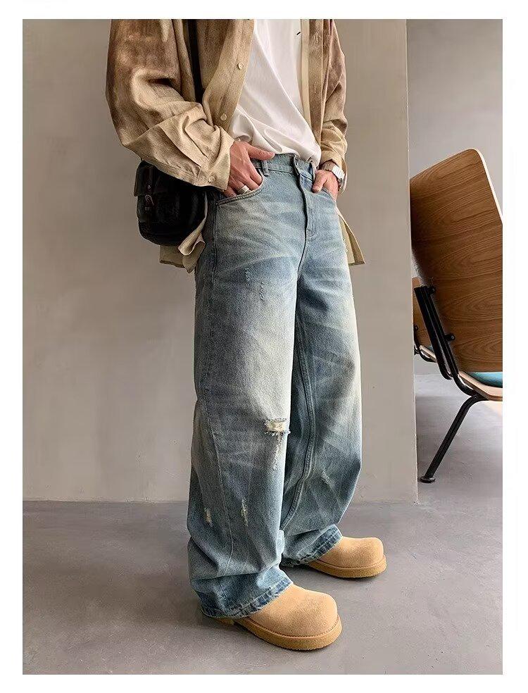 Men's Washed Distressed Wide-Leg Jeans - Retro American Street Style, Floor-Length, Perfect for Spring and Autumn