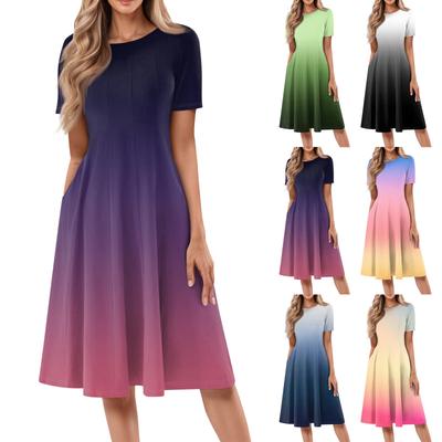 Ladies Casual Fashion Round Neck Short Sleeve Mid-Length Gradient Dress