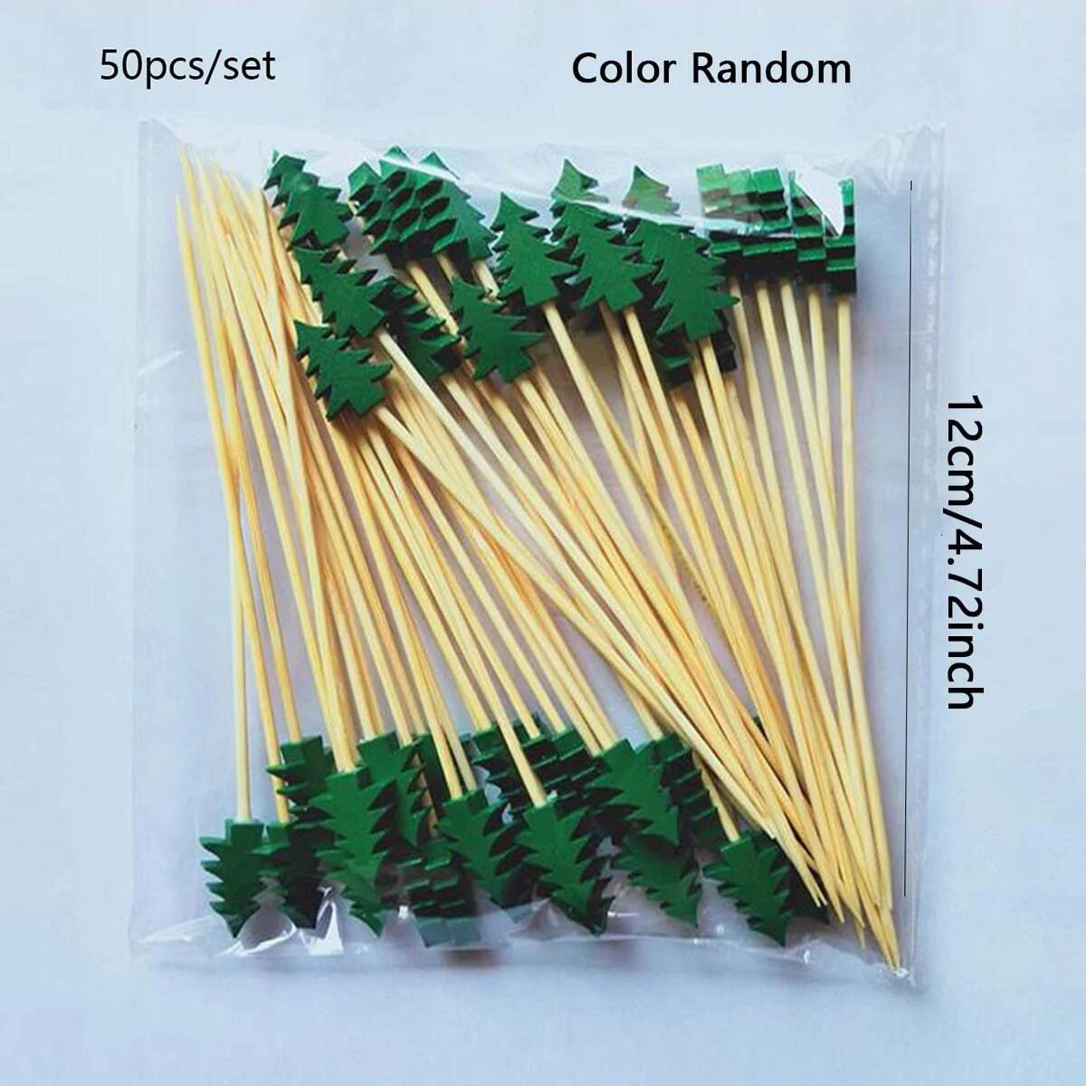 

50pcs-Christmas Tree Fruit Sign Portable Picks Design Drink Disposable Appetizer Xmas Stick Bamboo Food Sticks