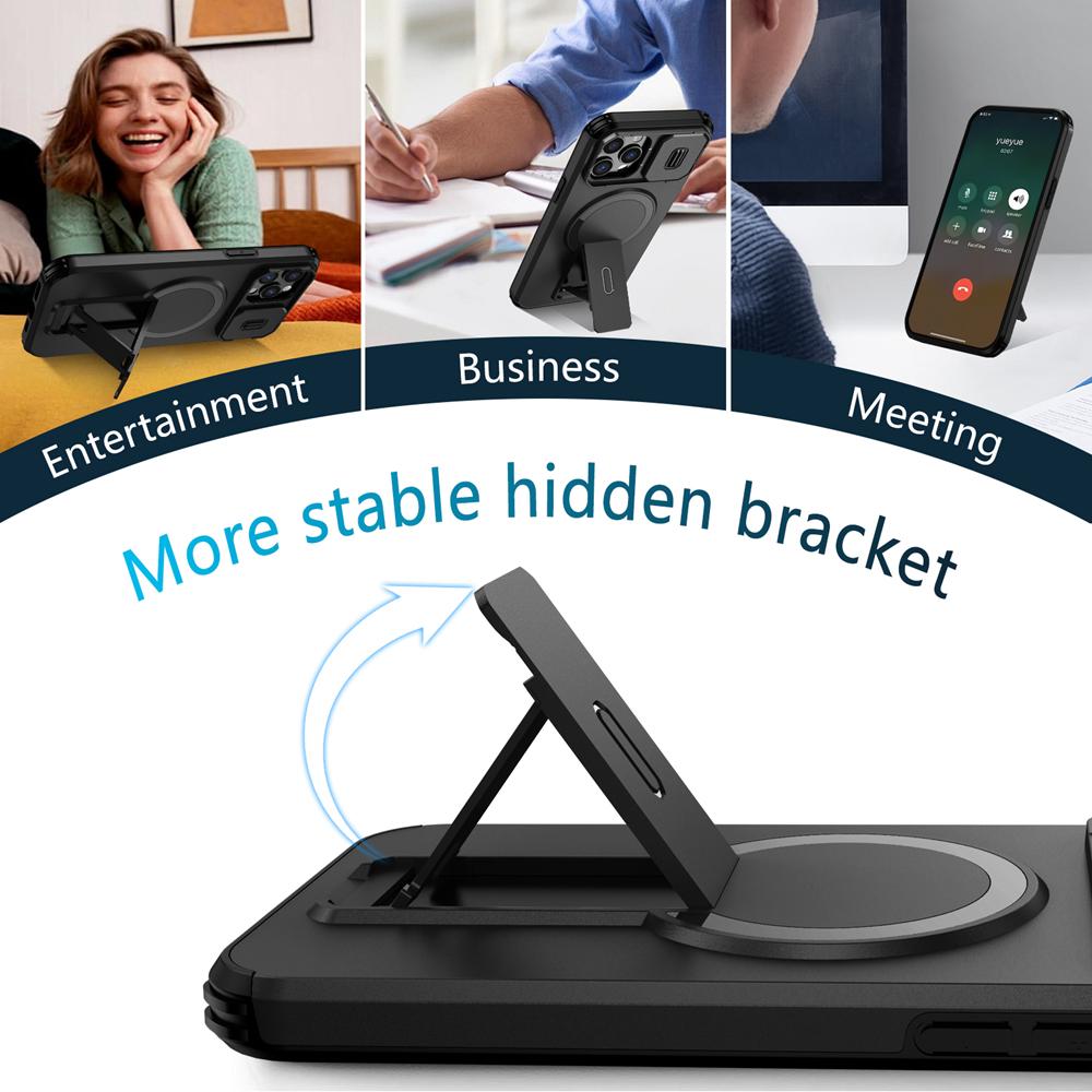 KEYSION Shockproof Magnetic Case for iPhone 11 12 Pro Max Slide Camera Lens Protect Kickstand Wireless Charging Phone Back Cover