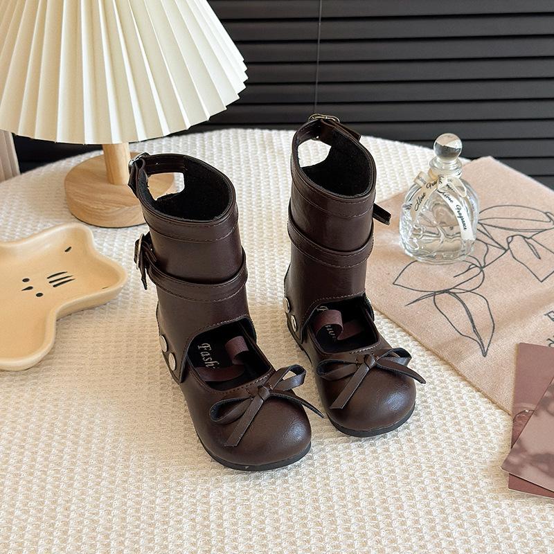 

Funny Removable Long Tube Princess Boots for Kids Girl Mid-calf Rivets Wedding Party Shoes Child Girls Ankle Strape Shoes I09207 23 коричневый
