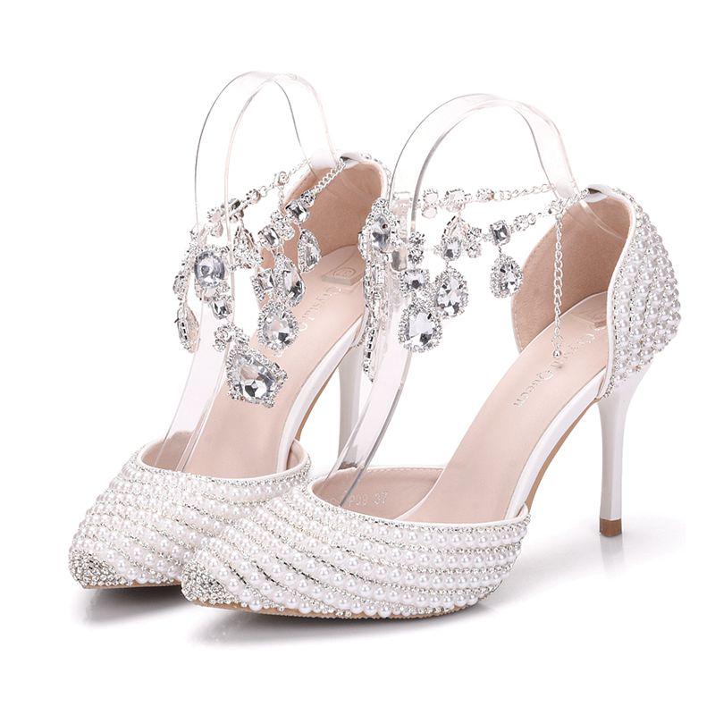 Crystal Queen Bridal Women Rhinestone Pointed  9cm Toe High Heels Sexy Wedding Evening Party Shoes Ladies Pumps