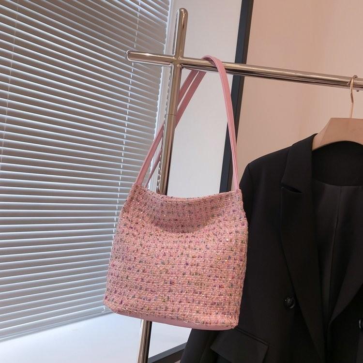 Stylish And Versatile Knitted Fabric Handbag In White Black And Pink For Women