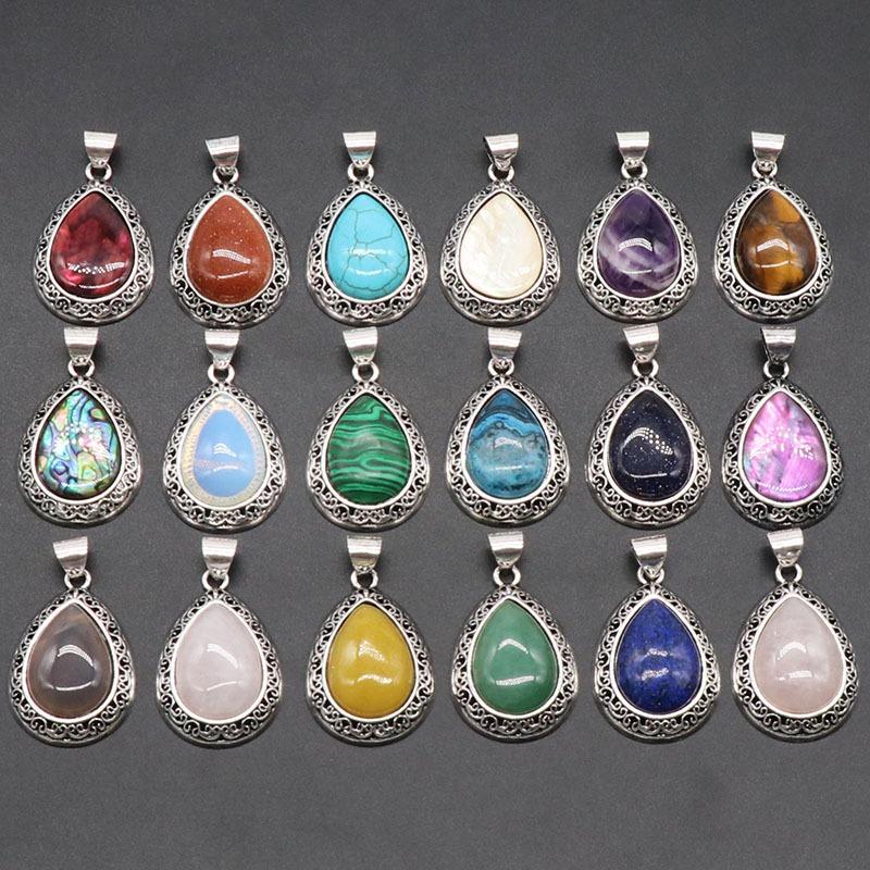 Oval Gemstone Necklace for Women Oval Pendant Semi-precious Stones Jewelry Gift for Wife Necklaces for Mom Drop Alloy Pendant