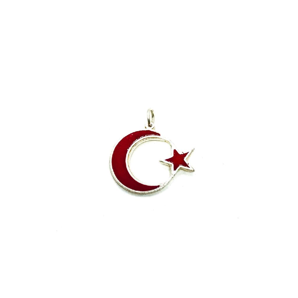 925 Sterling Silver Red Enamel Star And Crescent Pendant
