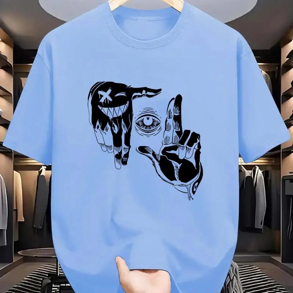Summer Men's 100% Pure Cotton Casual Loose Plus Size Gesture Eye Personalized Pattern Printed Round Neck Short Sleeved T-shirt