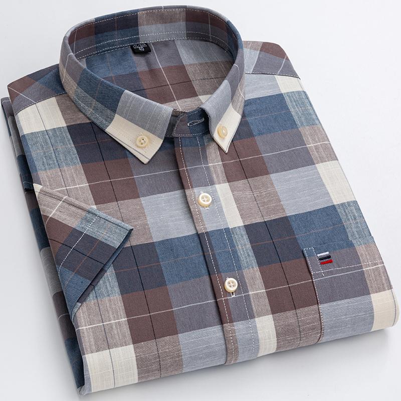 Pure cotton men's plaid short-sleeved shirt middle-aged and young casual cotton Oxford spinning half-sleeved shirt