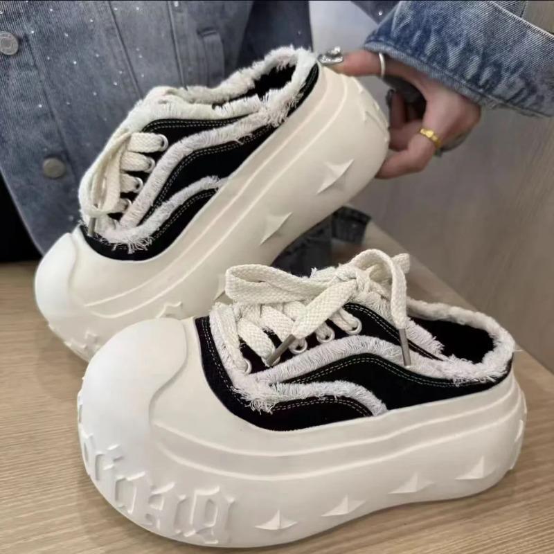 Casual Canvas Sports Shoes Women's Thick Bottom High Heel Slippers Outdoor Wear Rubber Sole Korean Style Flat Sandals