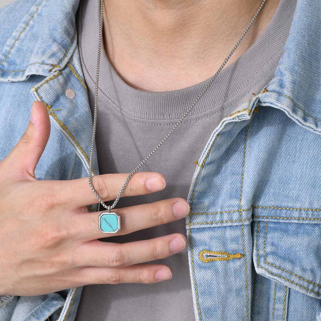 Vnox Quadratische Naturstein Halsketten für Herren, Stilvoller Punk Edelstahl Geometrisches Polygon Anhänger Junge Männliches Geschenk Schmuck