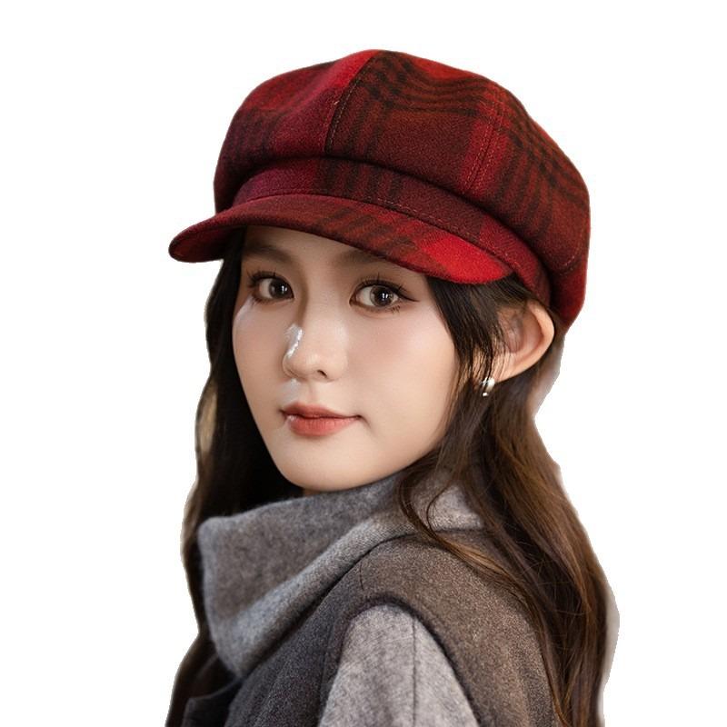 Retro Plaid Octagonal Hat Autumn Hat Women's Big Head Circumference Showing Face Small Beret Versatile Painter Hat