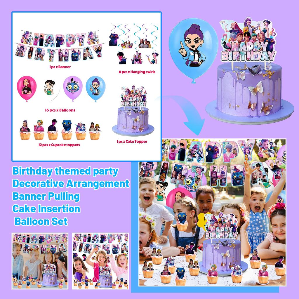 Birthday Theme Party Decoration Banner Pull Flag Cake Flag Balloon- Set