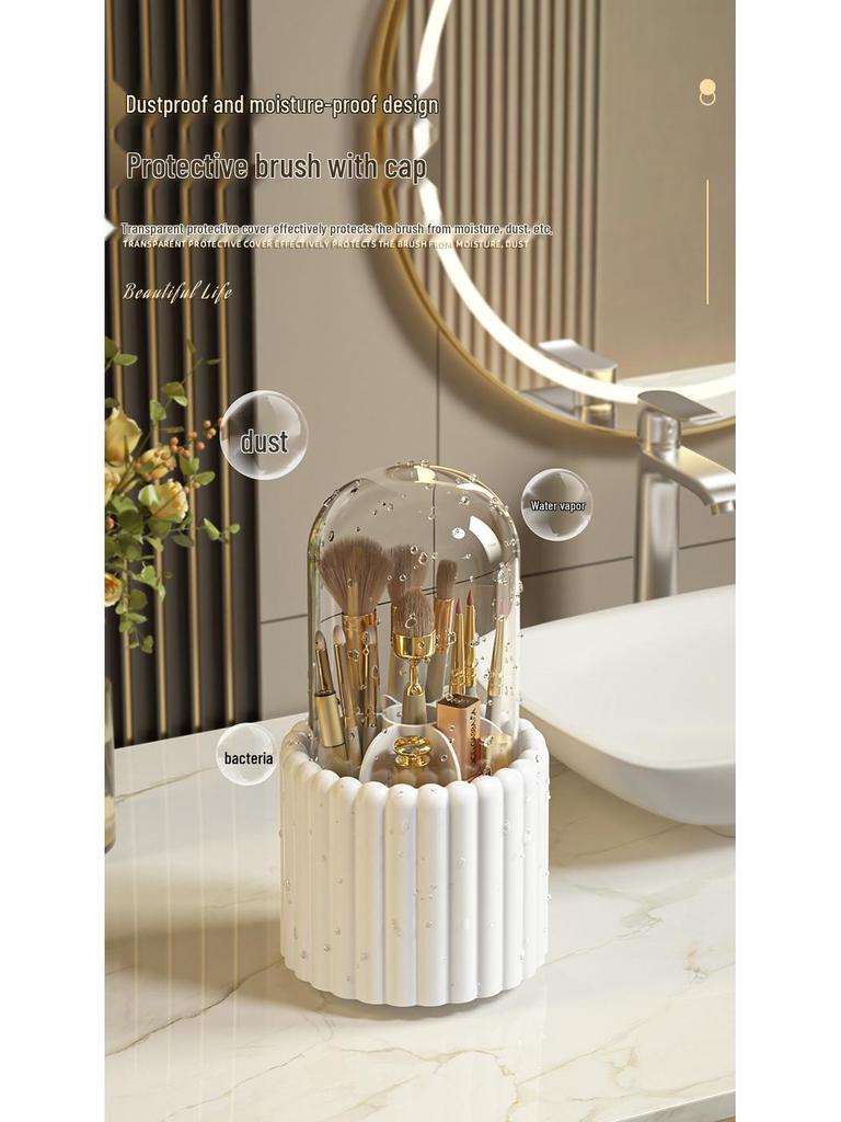 Rotating Makeup Brush and Lipstick Organizer – Dustproof Cosmetic Storage with Partitioned Design
