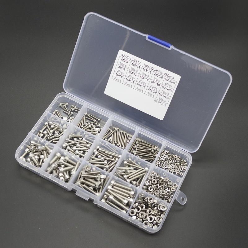 480pcs A2-70 DIN912 M2 M3 M4 304 Stainless Steel Hex Socket Head Cap Screws Nut Kit Set