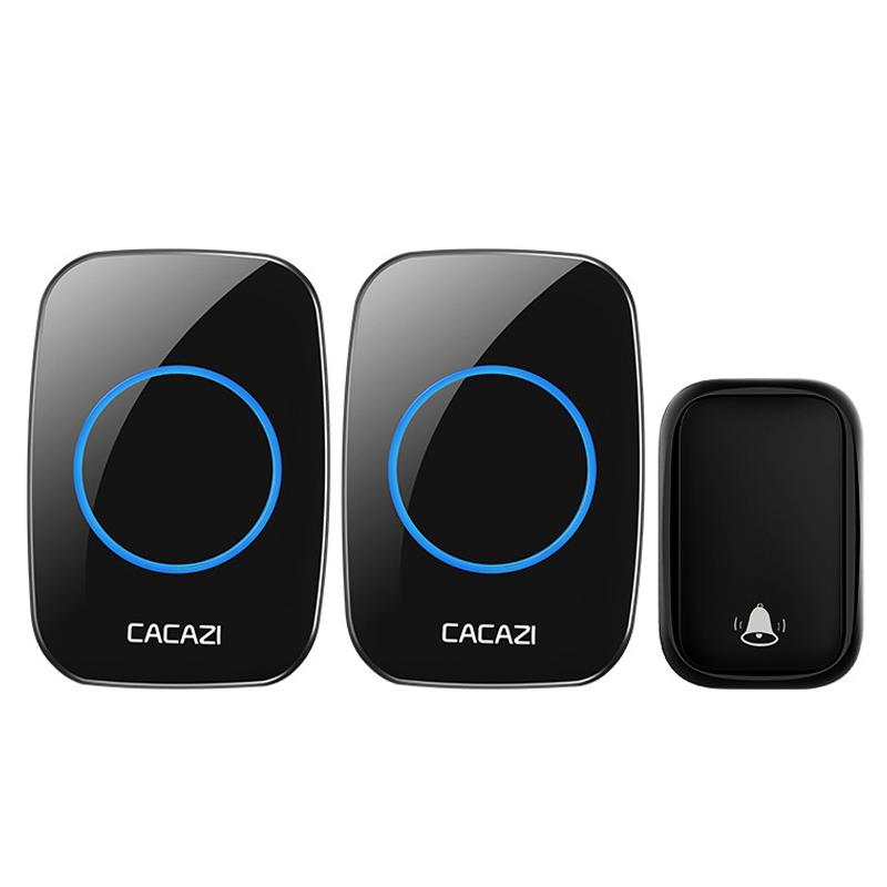 

CACAZI FA58 Home Wireless Doorbell Outdoor Waterproof LED Door Bell Chime Kit with 1 Transmitter+2 Receivers Black/EU Plug
