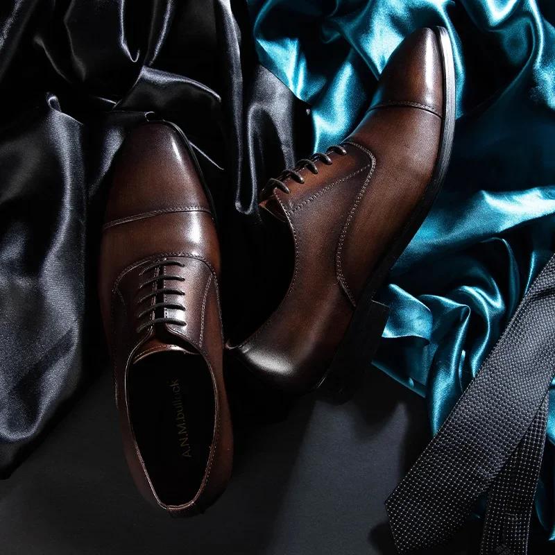 Fashion Genuine Leather Shoes Classic Gentleman Lace-up Wedding Formal Shoes Top Layer Cowhide Oxfords Elegant Party Banquet Dress Shoe