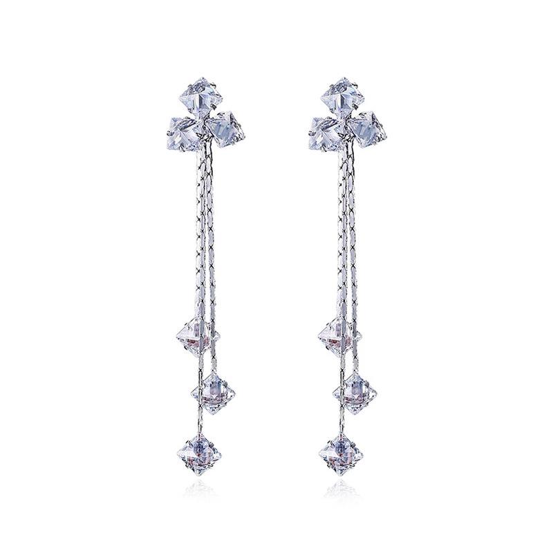 S925 Silver Needle Square Zircon Tassel Earrings for Women - Celebrity Style, Versatile, Sweet, Temperament.