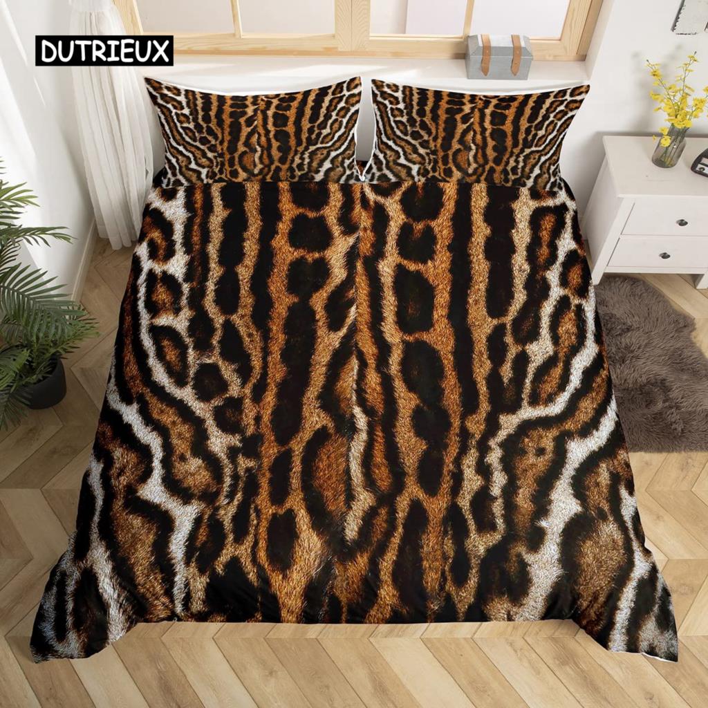 Leopard Print Duvet Cover Set Queen Size Red Floral Petal Pattern Comforter Cover Branches Green Leaf Cheetah Print Quilt Cover