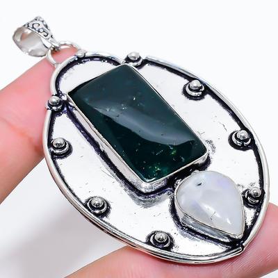 Natural Indian Moss Agate, Moonstone 925 Sterling Silver Pendant 2.84" M4b20