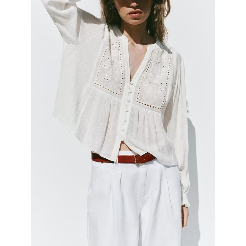 Casual Versatile Long Sleeves Single Breasted Cut Out Embroider Short Shirt 8741022