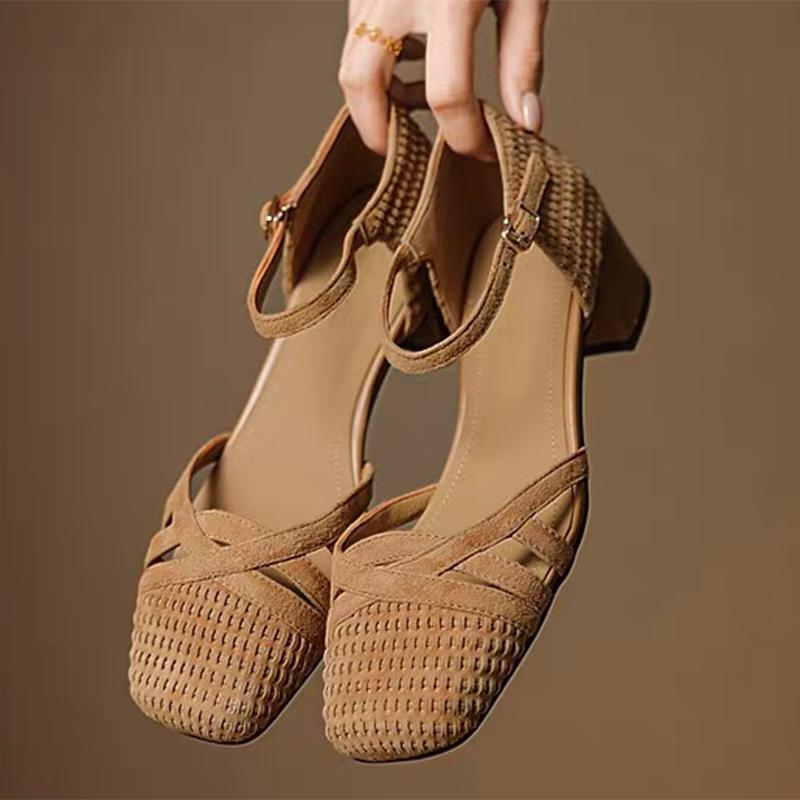 Fashion Retro Weave High Heel Sandals Women 2025 Summer Square Toe Ankle Strap Beach Shoes Roman Closed Toe Square Heels Casual Shoes