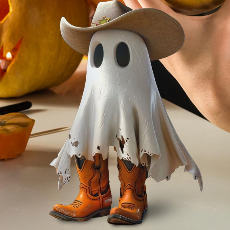 Charming Cowboy Ghost Statue Halloween Cute Ghost Statue With Hat And Boots Halloween Decor For Home Office Car Accessories