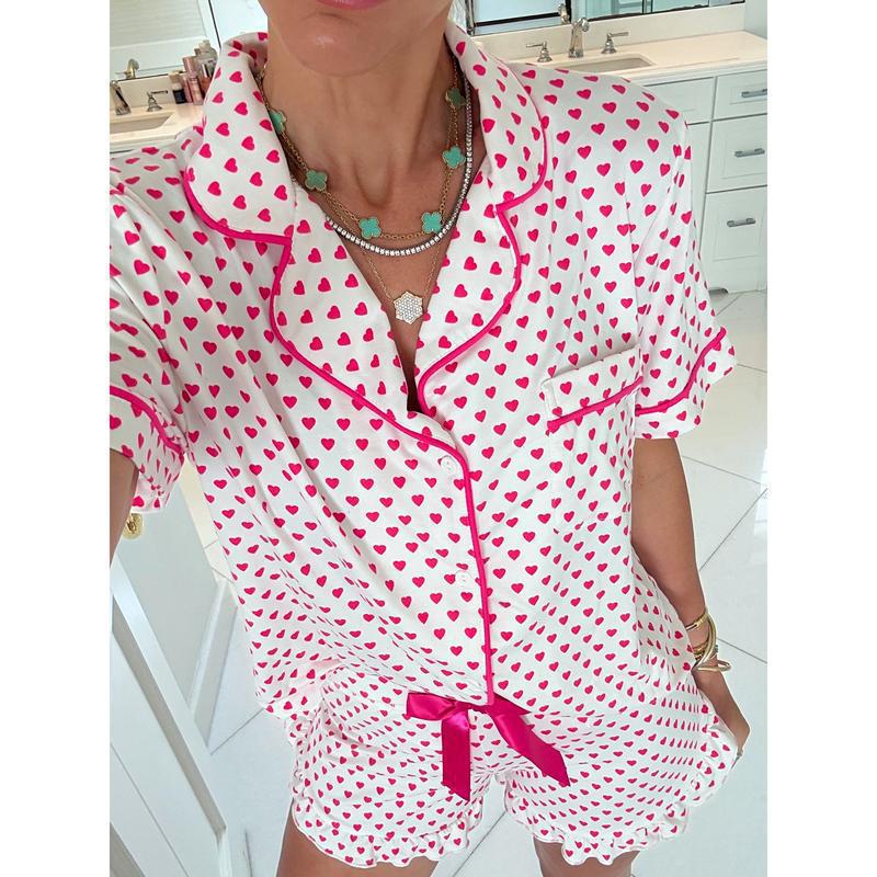 Розовый сердечко с рюшами короткий женский домашний костюм 2XL