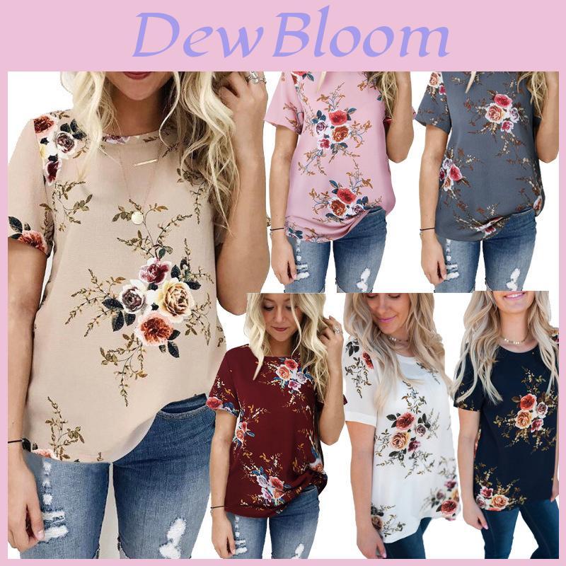 Elegant Summer Women Blouse Floral Print Short Sleeve Loose Casual T-shirt Tops
