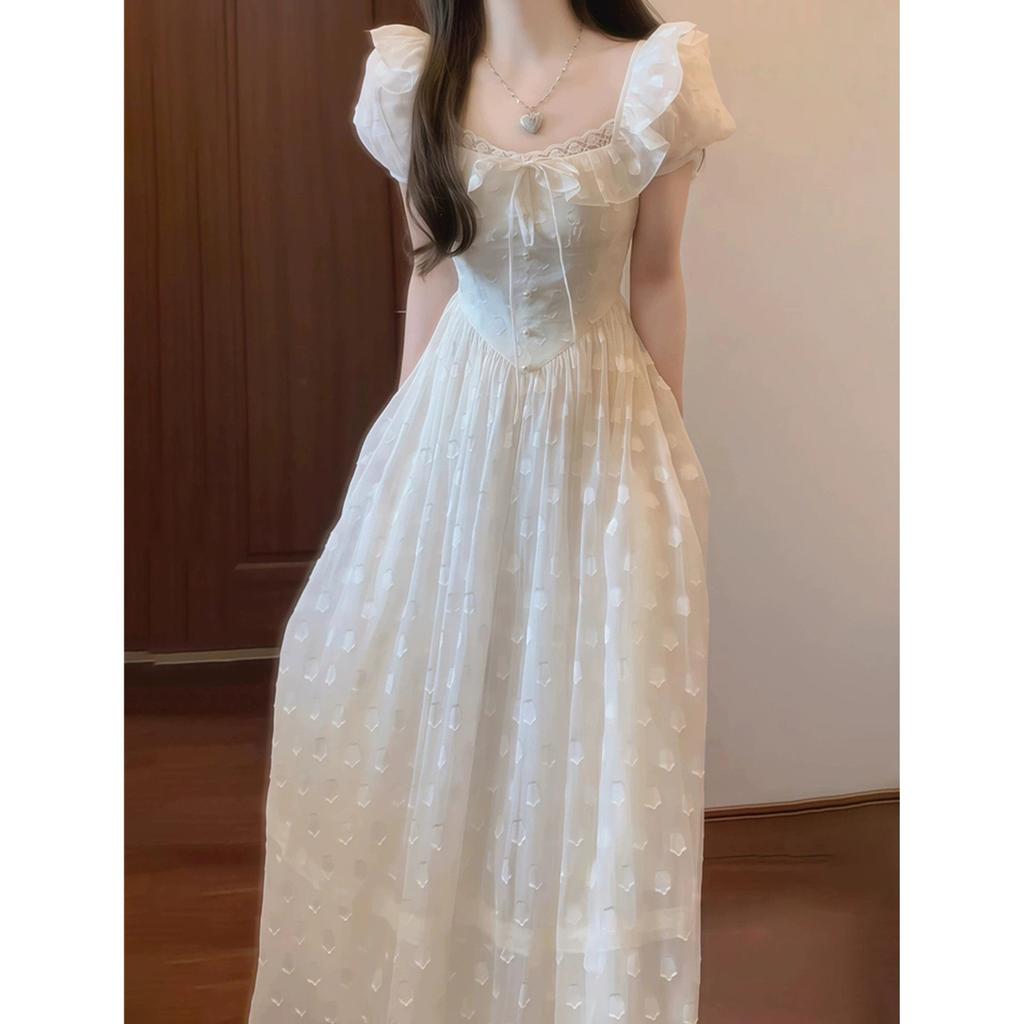 French bubble sleeve white dress women's summer new high-end temperament seaside vacation fairy long dress