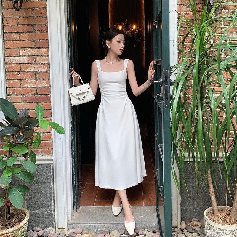 French Wind Pleated Design Suspender Dress Women's Summer Pure Desire Wind Waist Thin a Word Sleeveless Long Dress