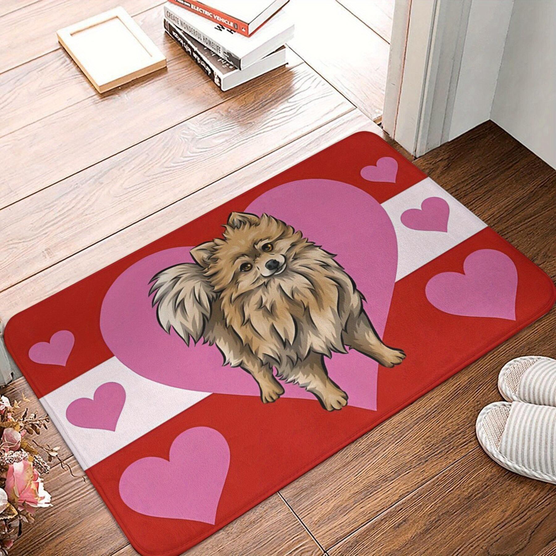 

Pomeranian Dog with Hearts Doormat, Red & Pink Love Theme Print, Polyester Floor Rug for Entryway Bedroom Decor 40x60cm