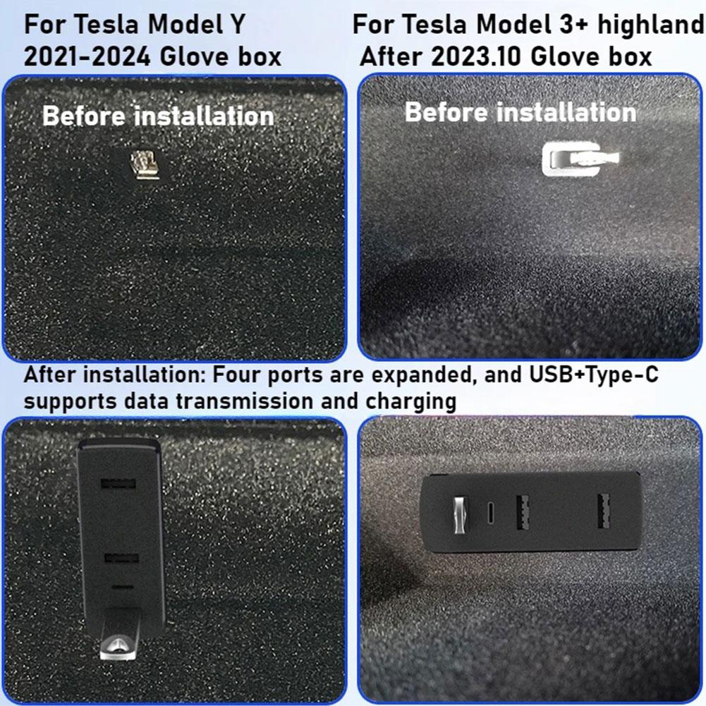Glove Box Docking Station for Tesla Model 3 Y 3+ Y Juniper USB Hub Ports Car 4-in-1 USB Extender Charger Upgrade Data Transfer
