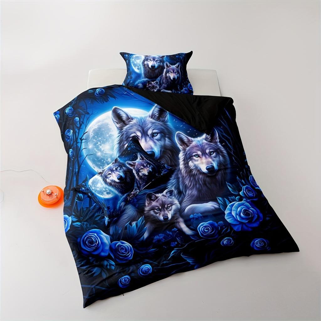 Comforter 2/3Pcs Soft Comfortable Wolf Bedding Set Set Blue Flower Bedding Set Wolves Animal Print Floral
