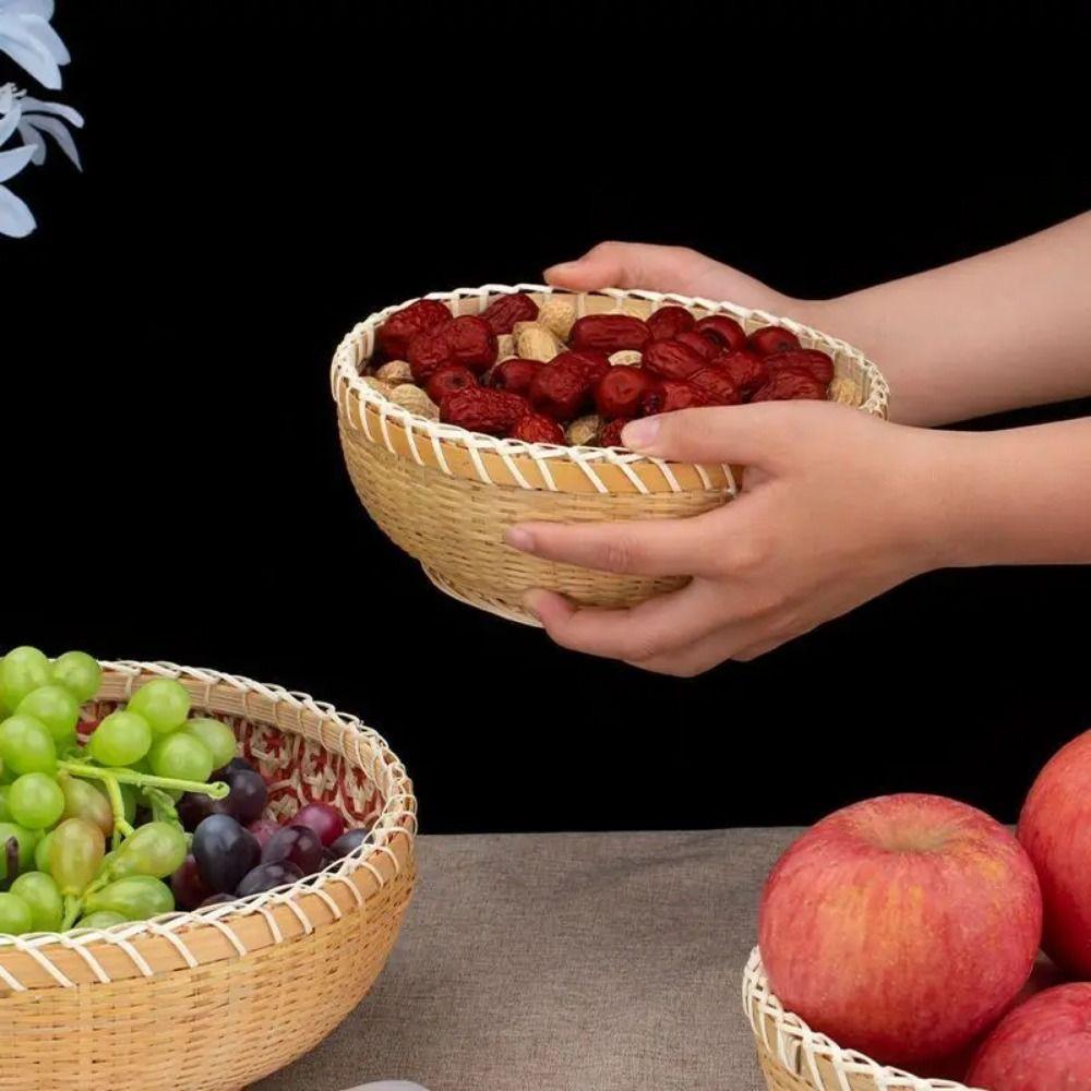 Round Bamboo Storage Basket Sturdy Fruit  Serving Tray High-quality Hand Woven Basket  Office
