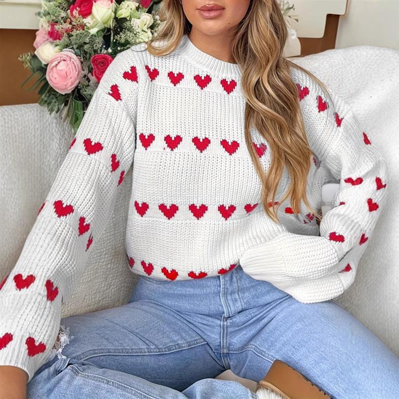 2025 Trendy Plus Size Heart Sweater - European & American Autumn/Winter Casual Knitwear XL белый