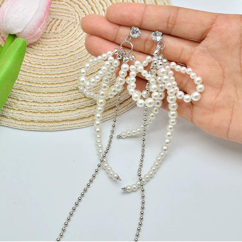 French Retro Pearl  Bow Tassel Dangle Earrings For Women  Elegant Tassel Jewelry Party Gifts