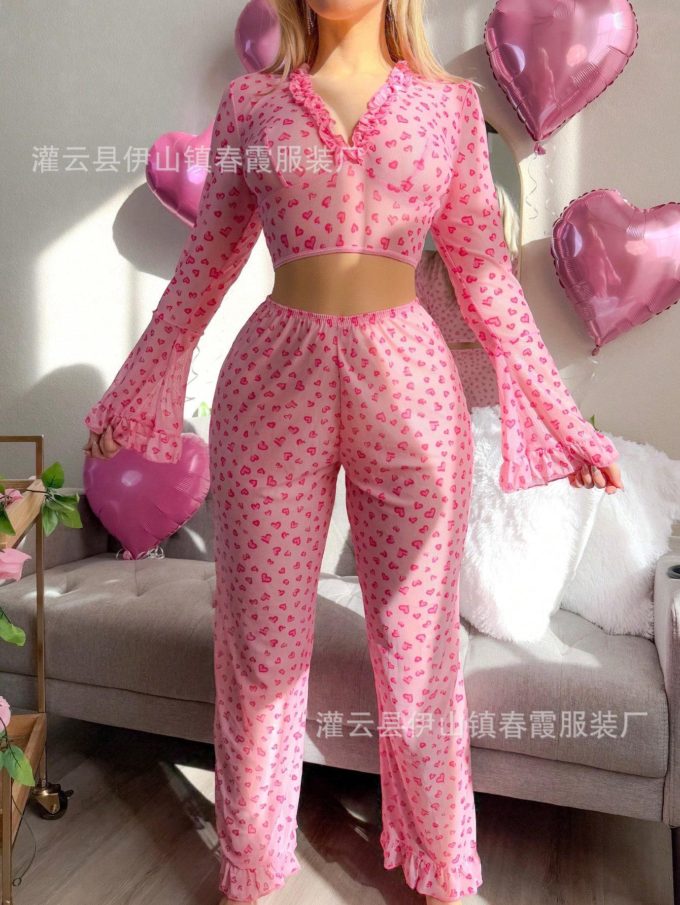 

2026 New Sexy Pajamas Long Sleeves Pants Two-piece Sexy Suit Women S розовый